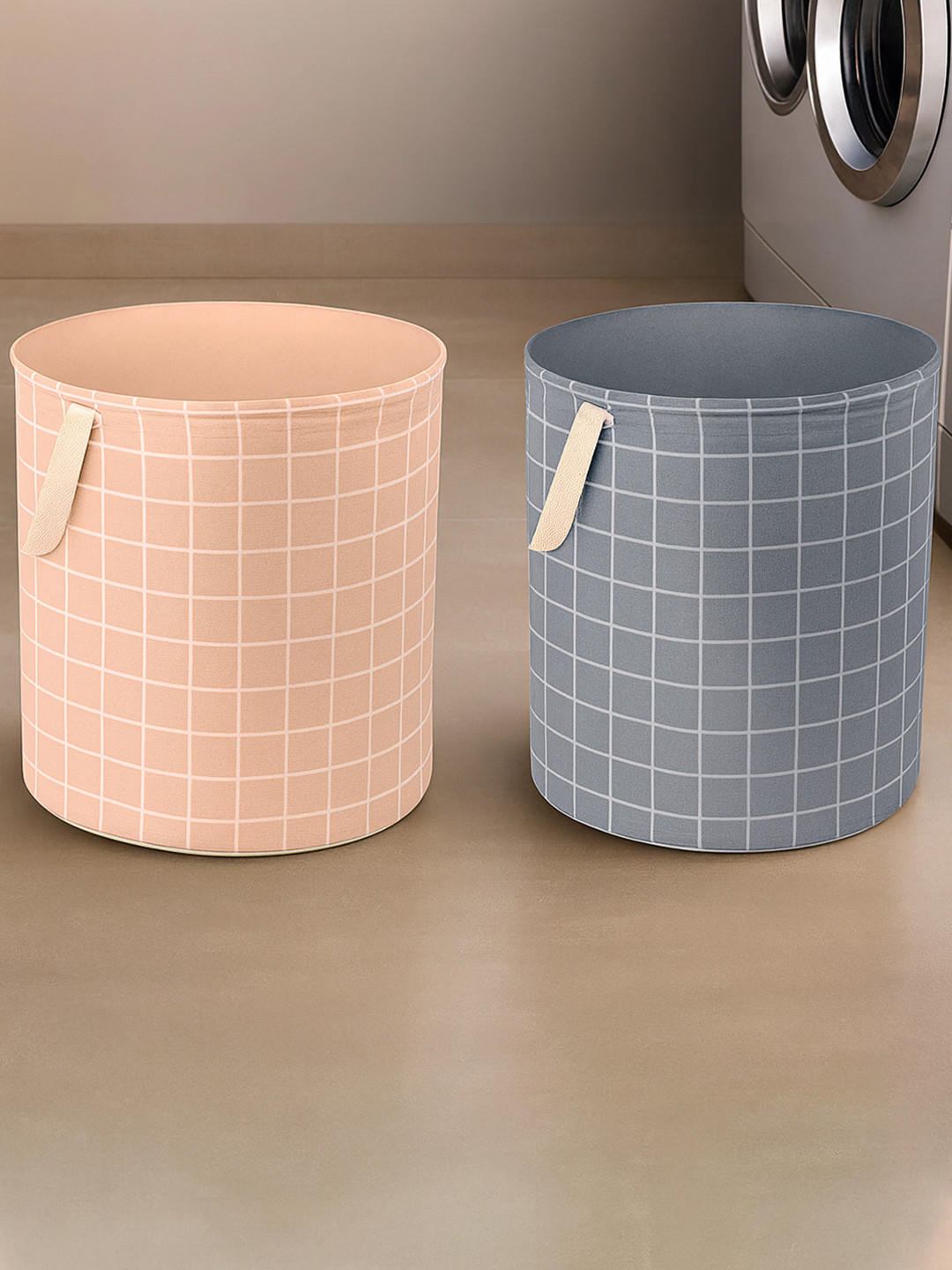 Myntra Elegant Homes 2Pcs Grey & Peach-Colored Checked Cotton Laundry Bags - 60 L Each
