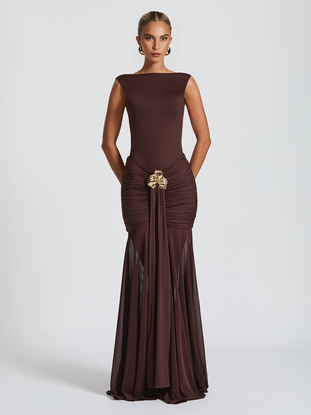 Bee Boe Orchid Mesh Plum Women Solid Boat Neck Smocked Sleeveless Maxi Dress