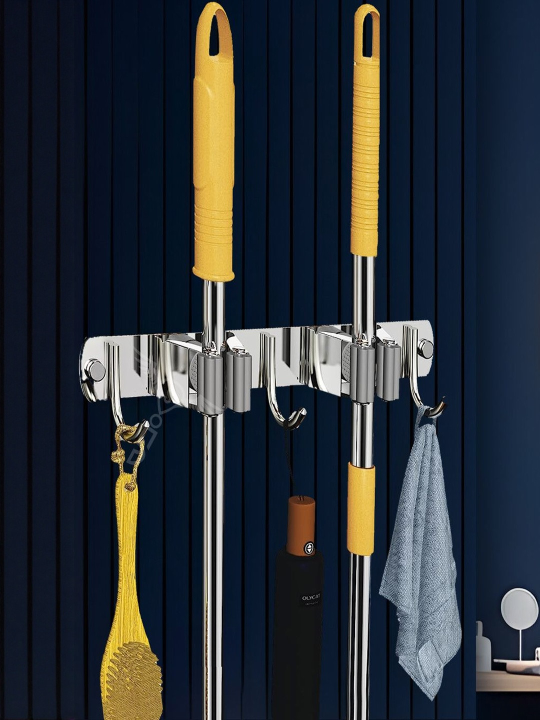 Sittella 1 Pc Stainless Steel 2 Racks With 3 Hooks Wall Mounted Broom & Mop Stick Holder