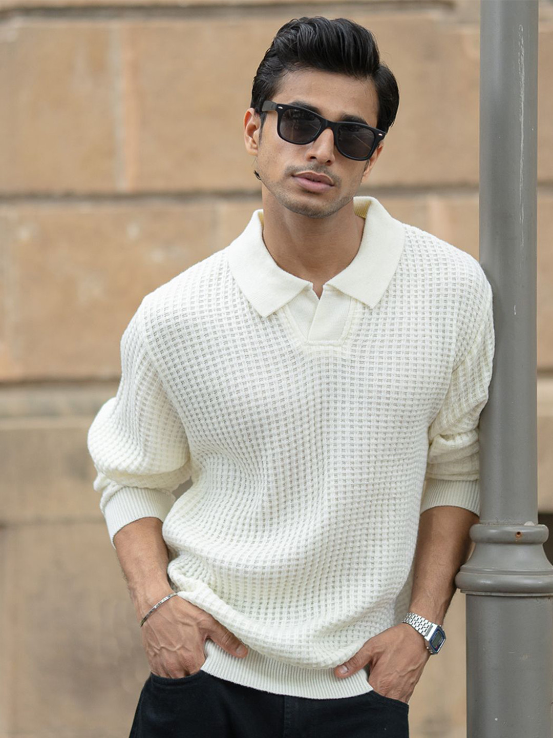 Powerlook Men Self Design Long Sleeves Cable Knit Pullover