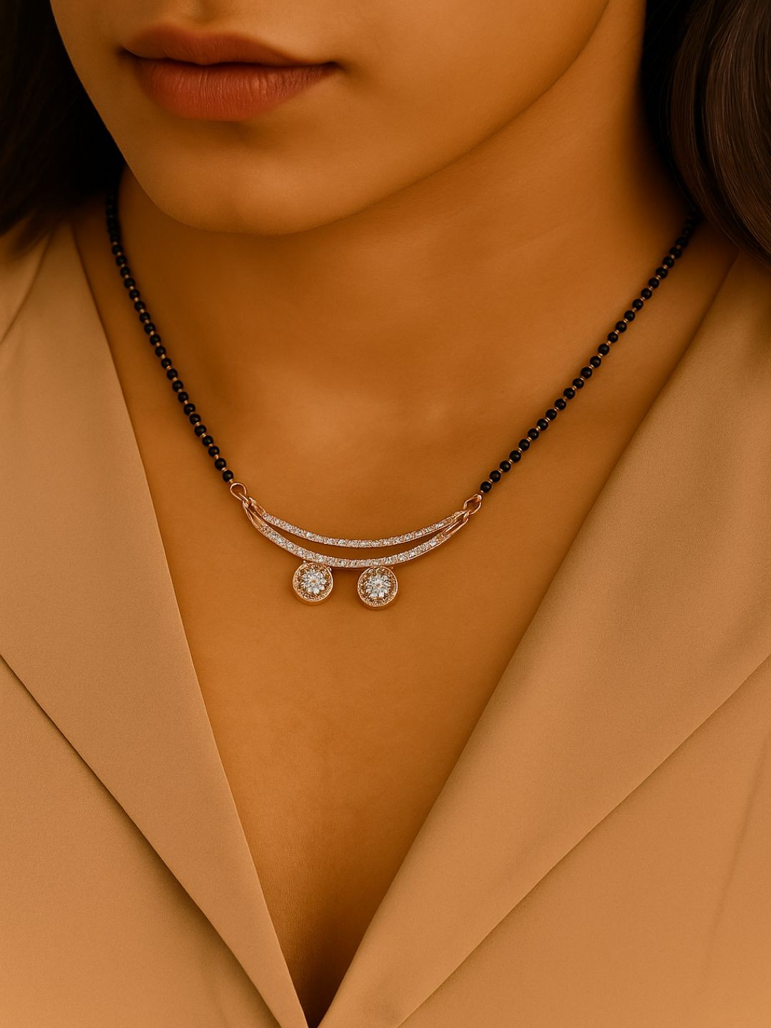 I Jewels Rose Gold Plated & Black Studded Mangalsutra