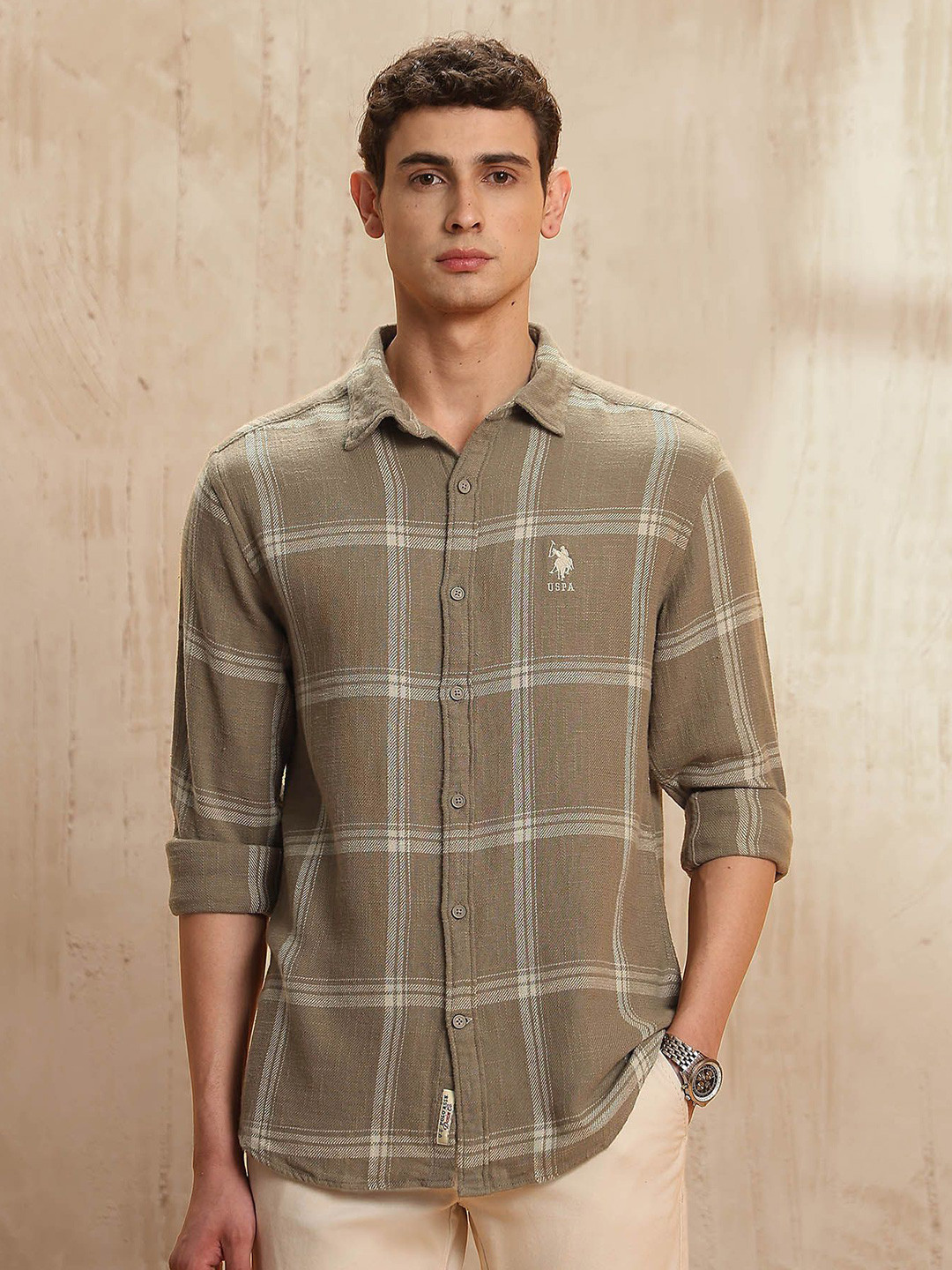 U.S. Polo Assn. Denim Co. Men Slim Fit Checked Twill Legend Of Horseshoe Cotton Shirt