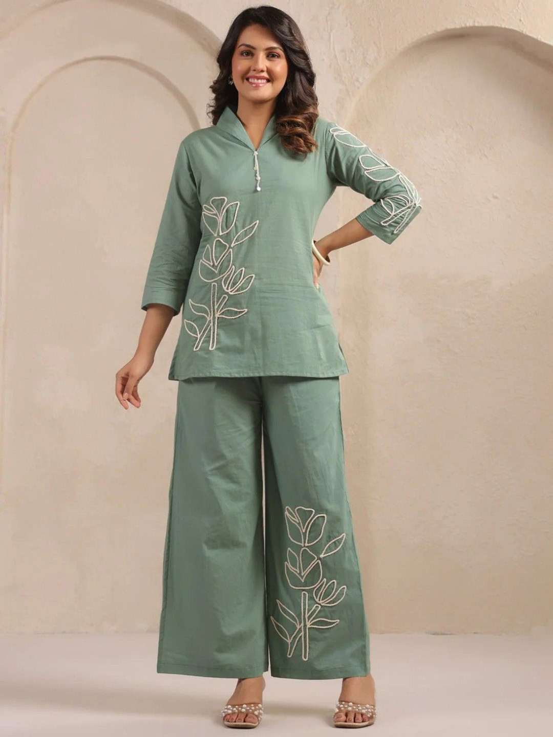 AUTUMN LANE Sanjana Fern Embroidered Pure Cotton Tunic With Palazzo Co-Ords