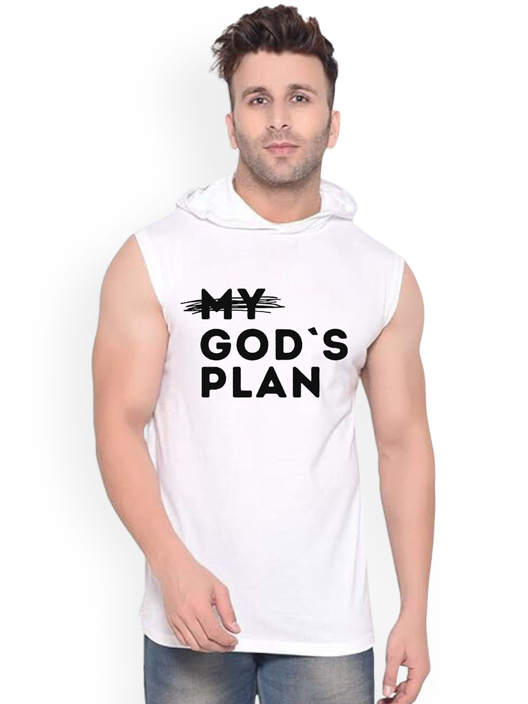Fashnobic Men Typography My God's Plan Printed Hooded Neck Gym Vests