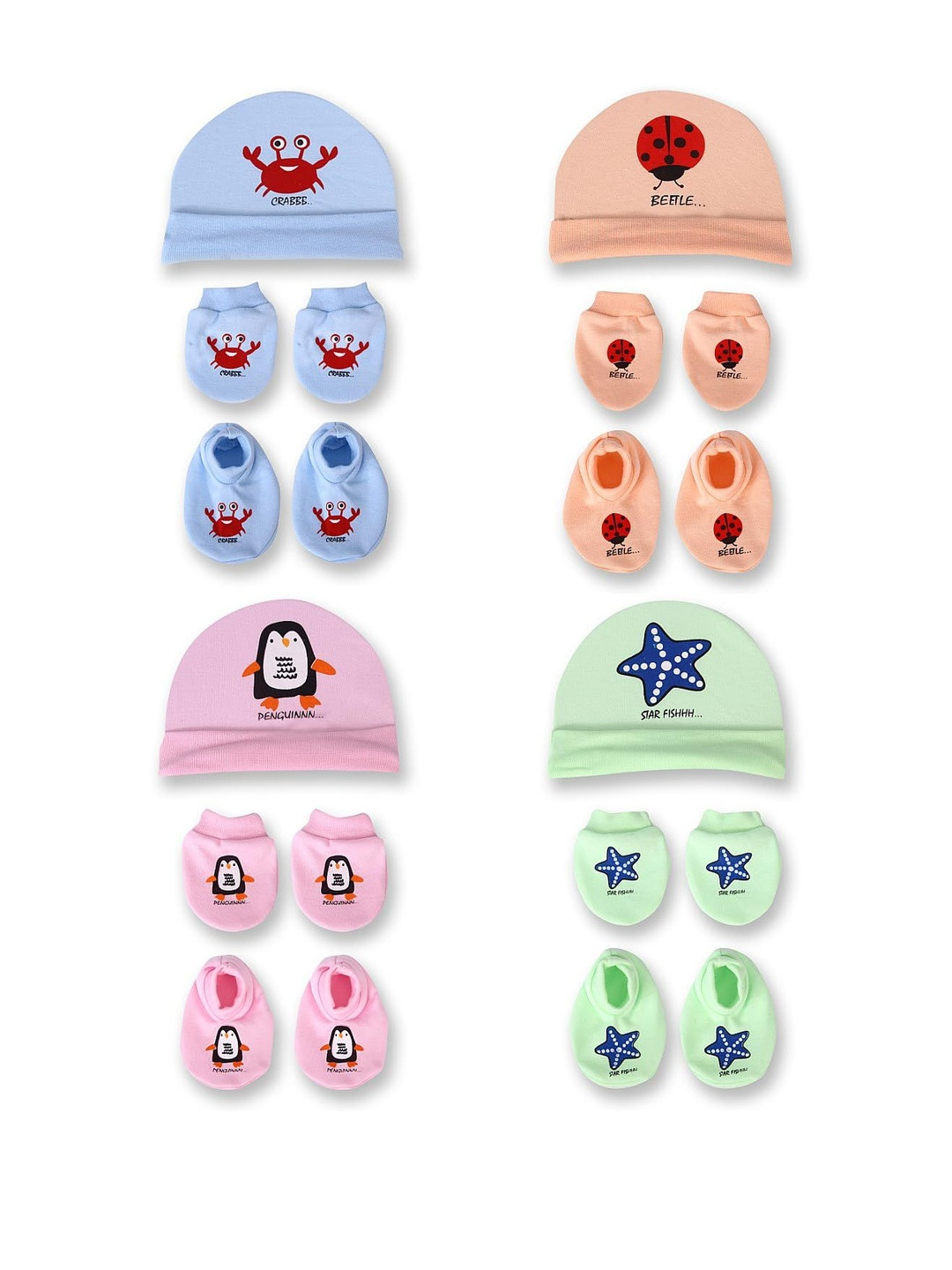 Mom's Darling Kids Set Of 4 Printed Beanie Cap With Mittens & Booties