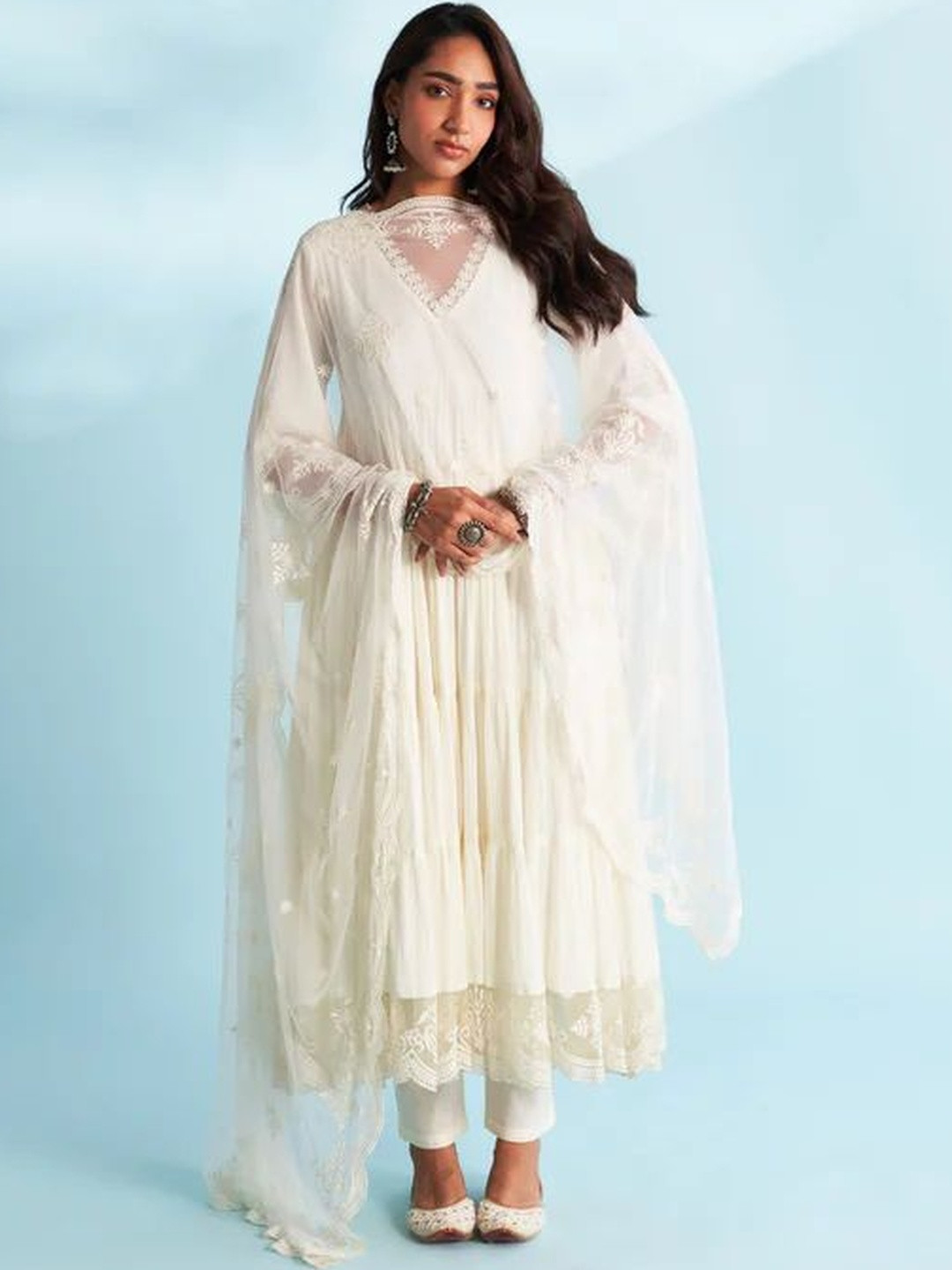 ROZE Women Off White Organza Lace Border Dupatta