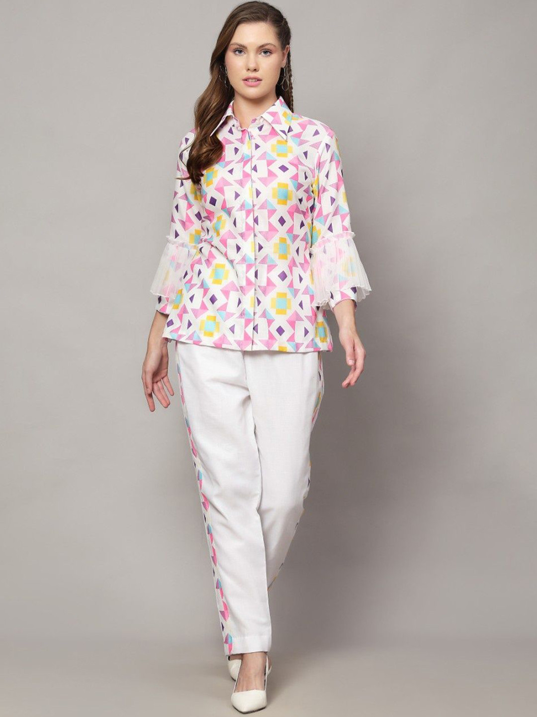 Pearls and Pastels Printed Shirt Collar Linen Top With Trousers