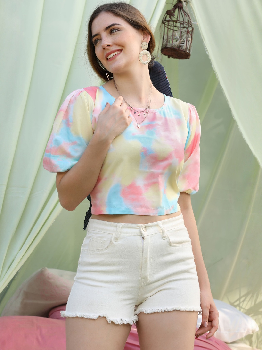 LERIYA FASHION Tie and Dye Puff Sleeve Crop Top