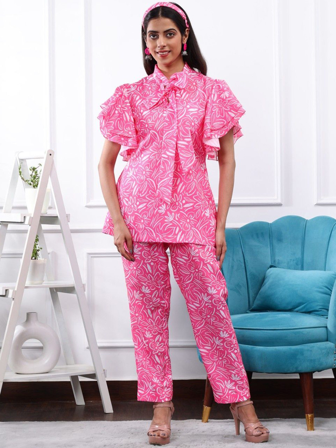 Pearls and Pastels Printed Linen Top With Trouser
