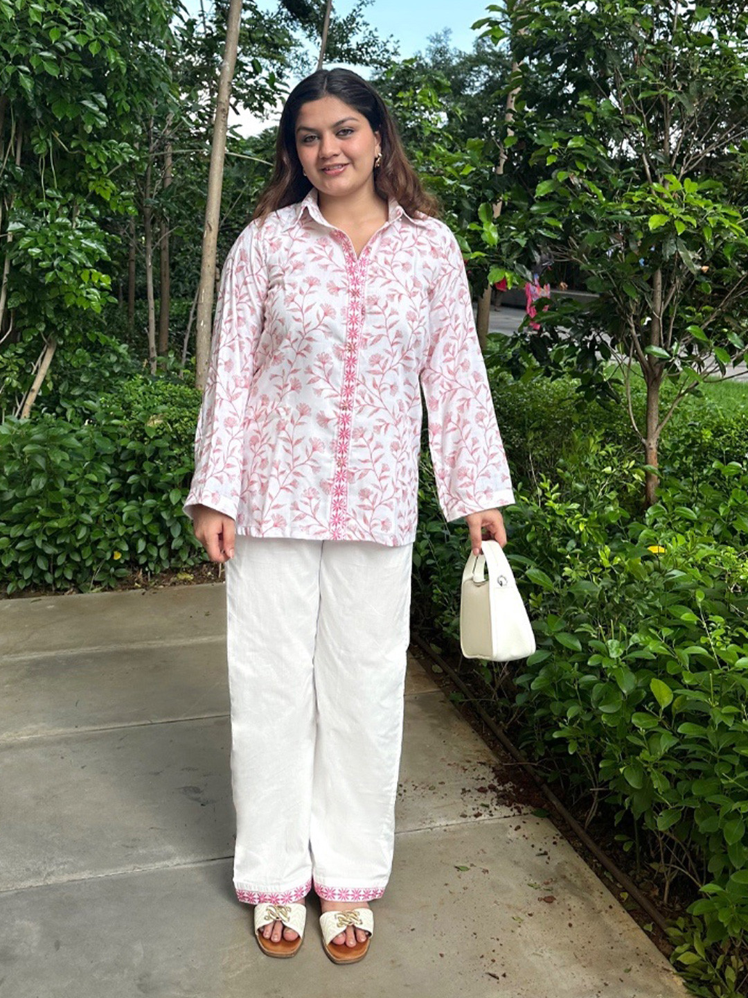 Akaya Blush Garden Printed Long Sleeves Pure Cotton Shirt With Trousers