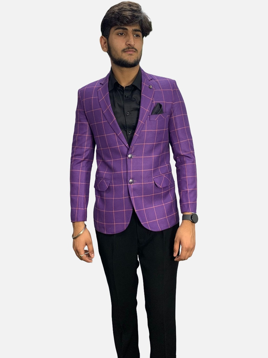 GARGIAN Master Cut Men Purple Checked Polyester With Notched Lapel Collar Blazer