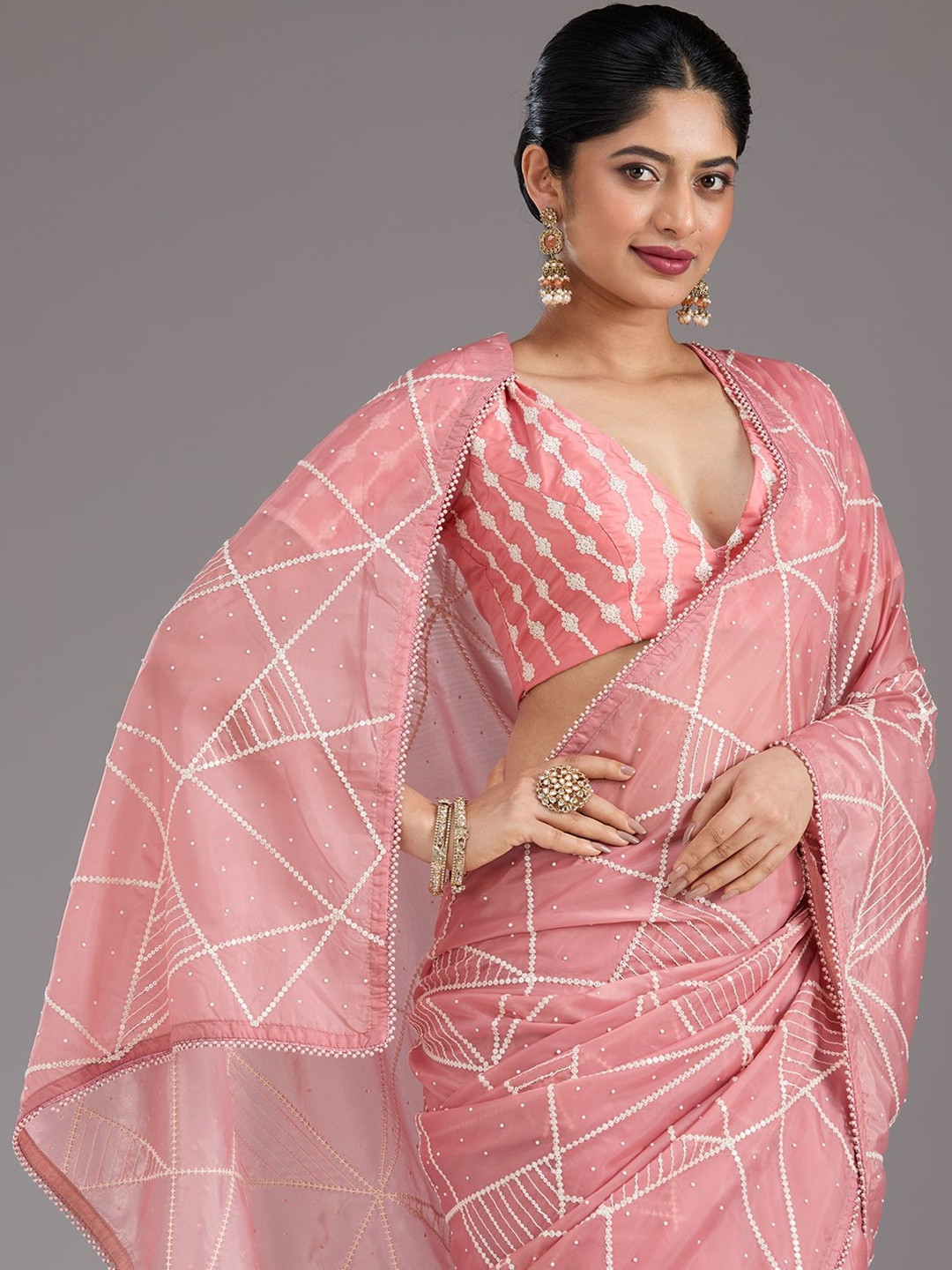 Koskii Gajari Pink Pearlwork Tissue Saree