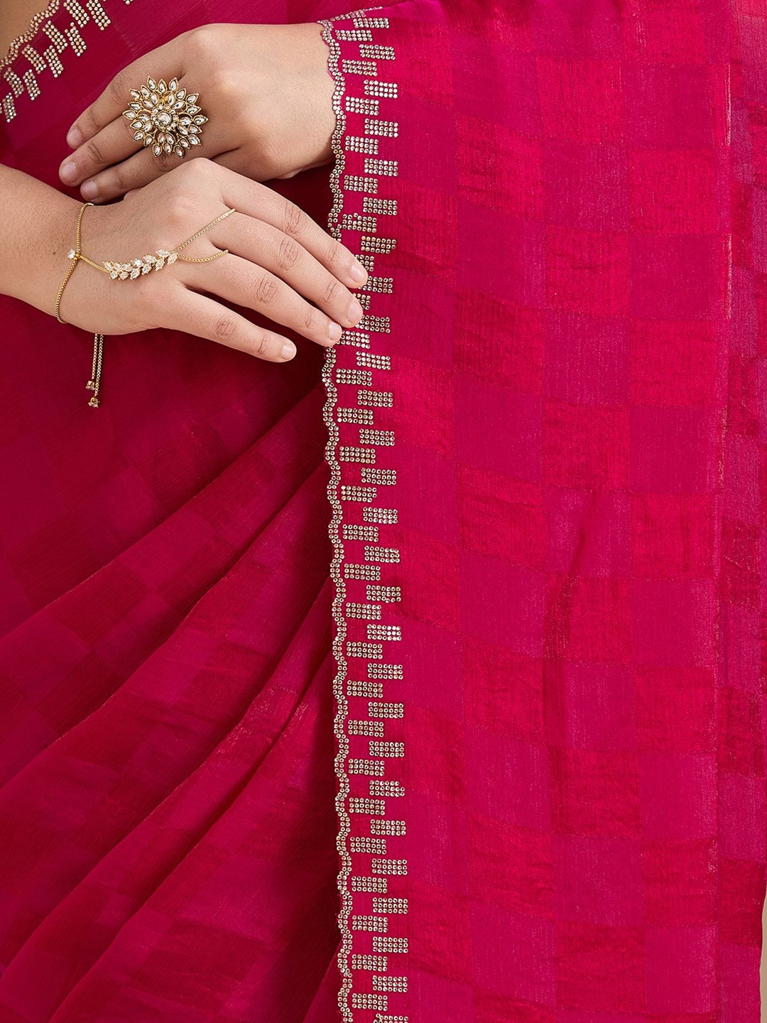 Koskii Magenta Pink Stone Work Gold Tissue Saree