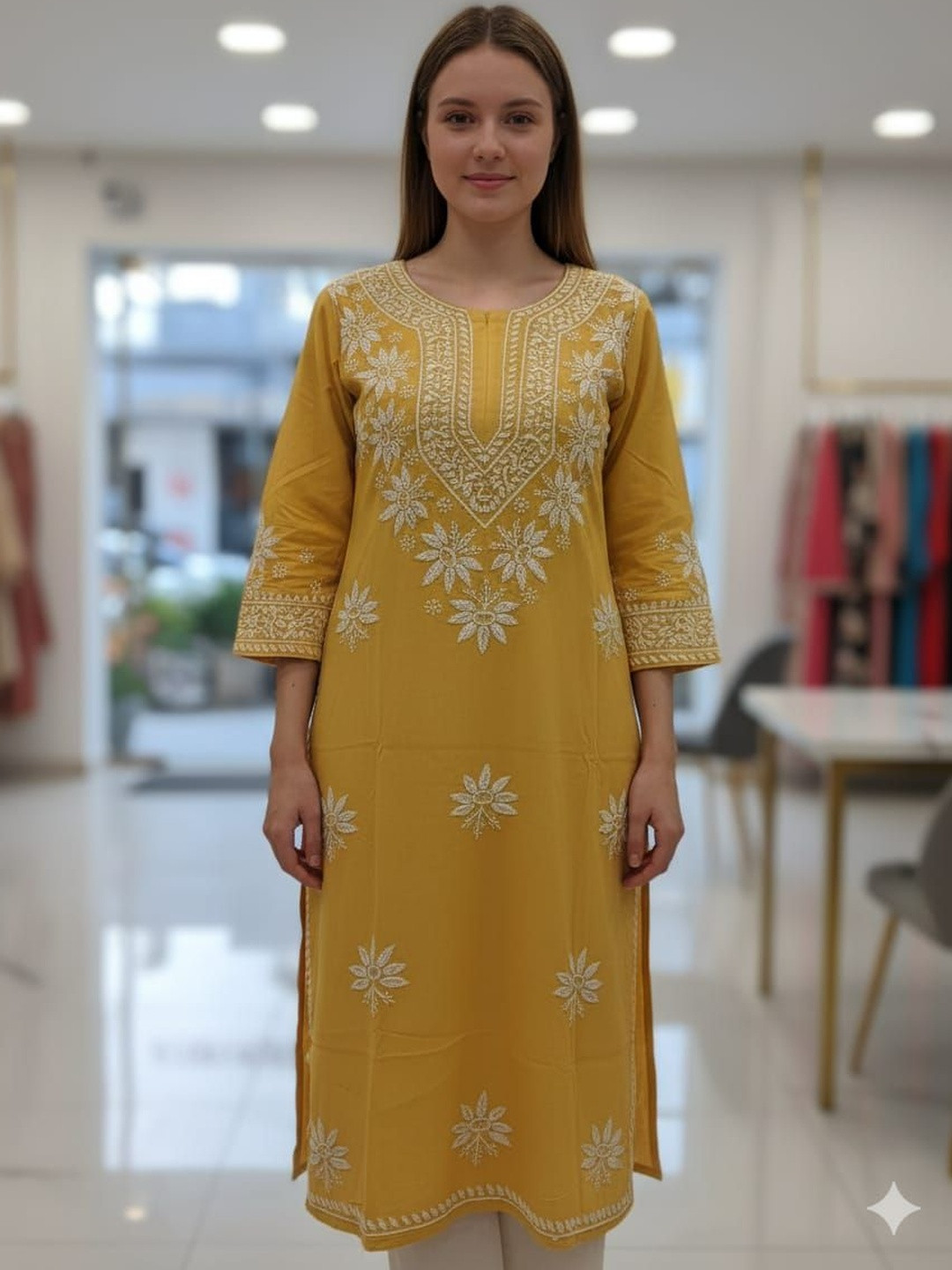 Silakaari Women Mustard Lucknowi Embroidered Long Kurti