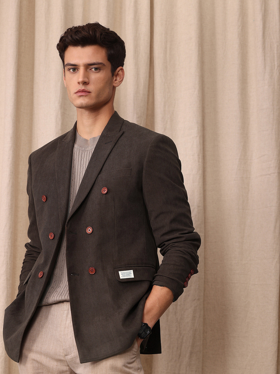 Mr Bowerbird Corduroy Textured Tailored Fit Double Breasted Casual Blazer