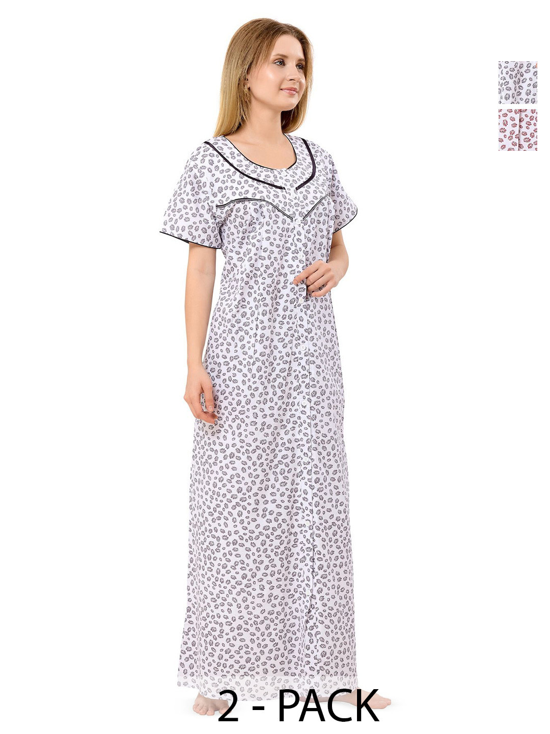 Piu Women Pack Of 2 Floral Printed Round Neck Pure Cotton Maxi Nightdress