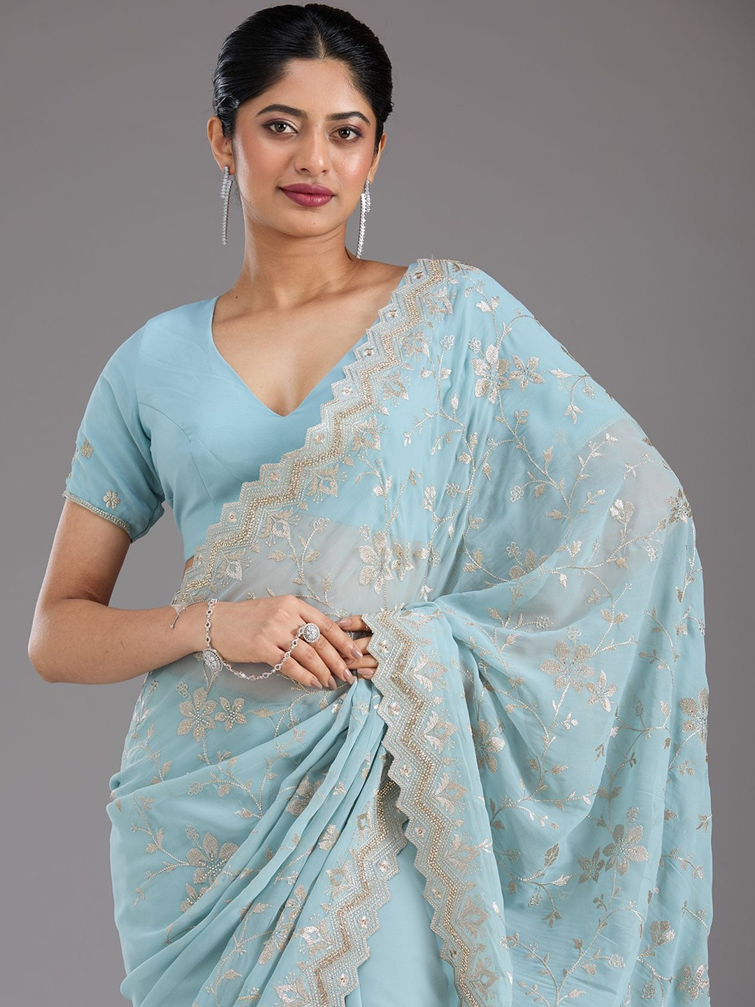 Koskii Sky Blue Zari Work Gold Georgette Saree
