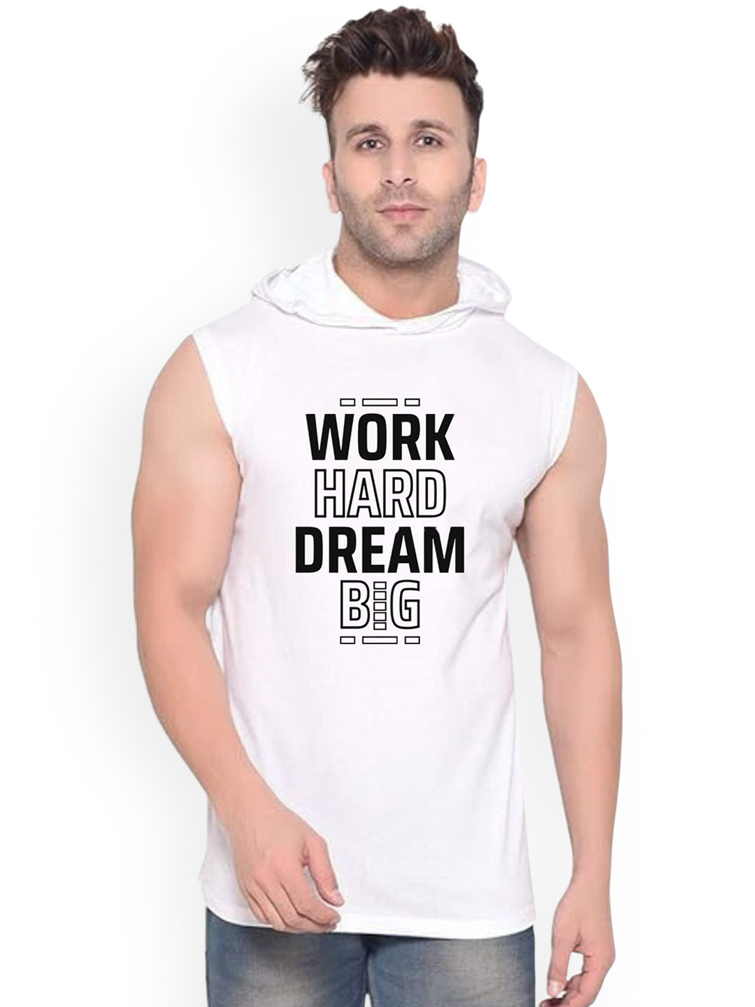 Fashnobic Men Work Hard Printed Hooded-Neck Gym Vests