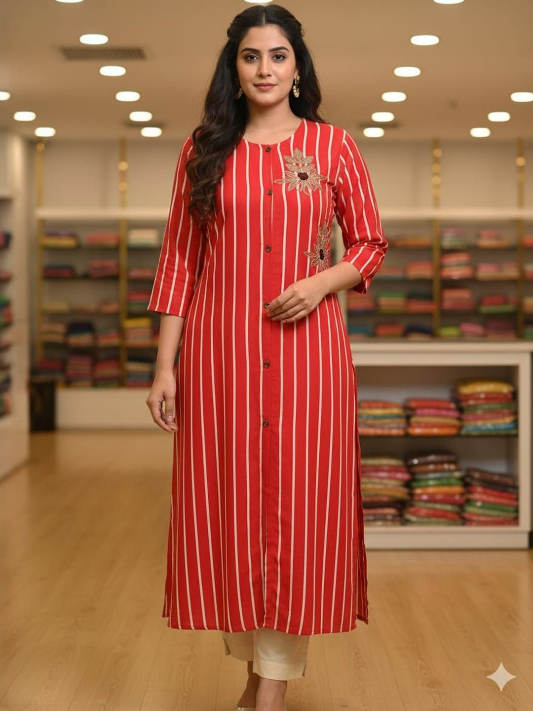 Silakaari Women Red Viscose Rayon Striped Straight Kurtis