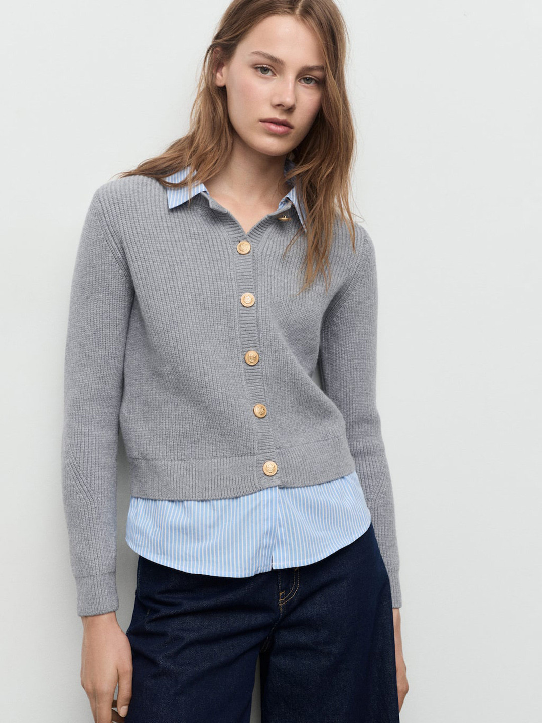 MANGO Shirt Collar Ribbed Cardigan Sweater