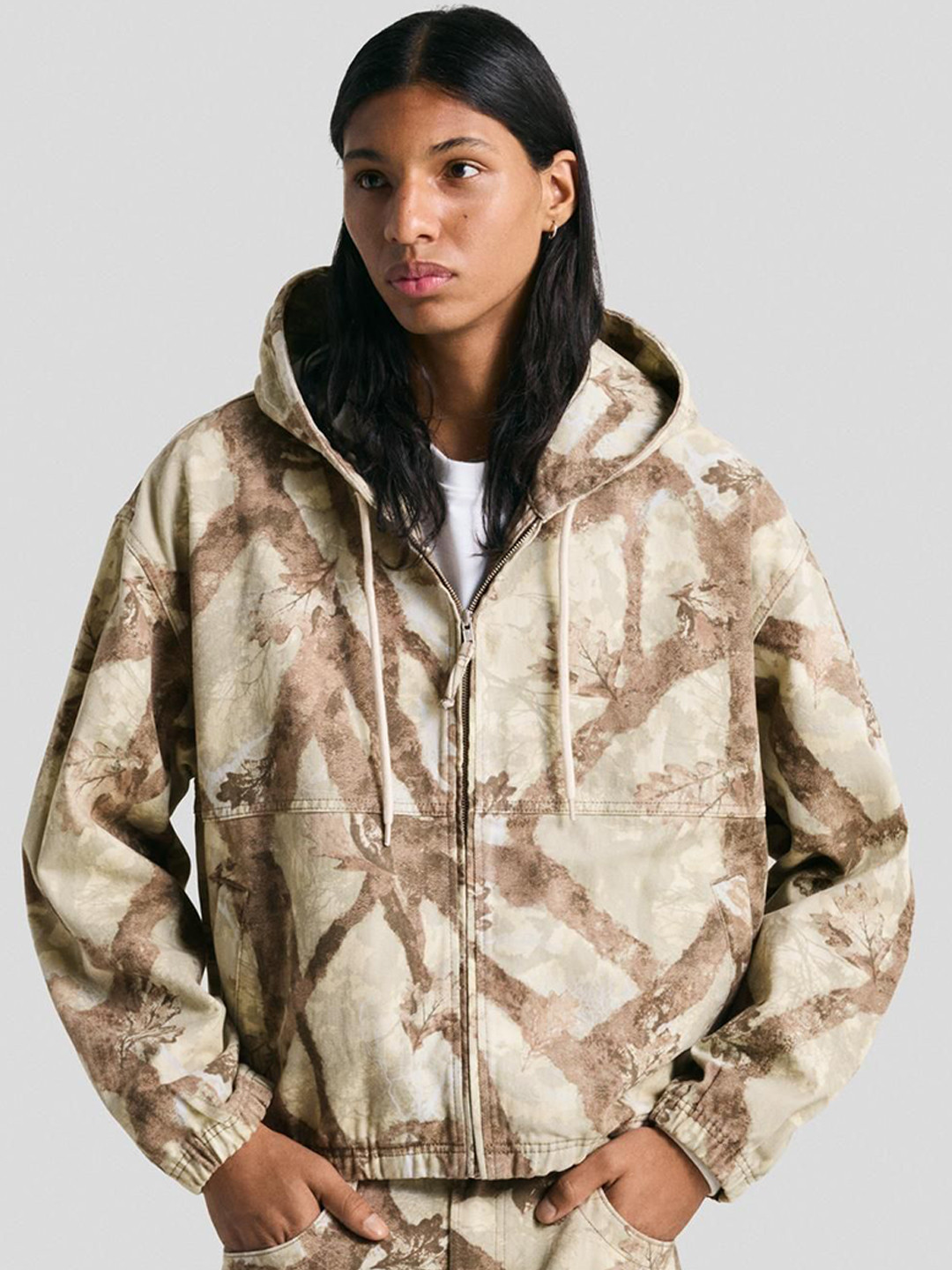 Bershka Men Floral Printed Hooded Denim Jacket