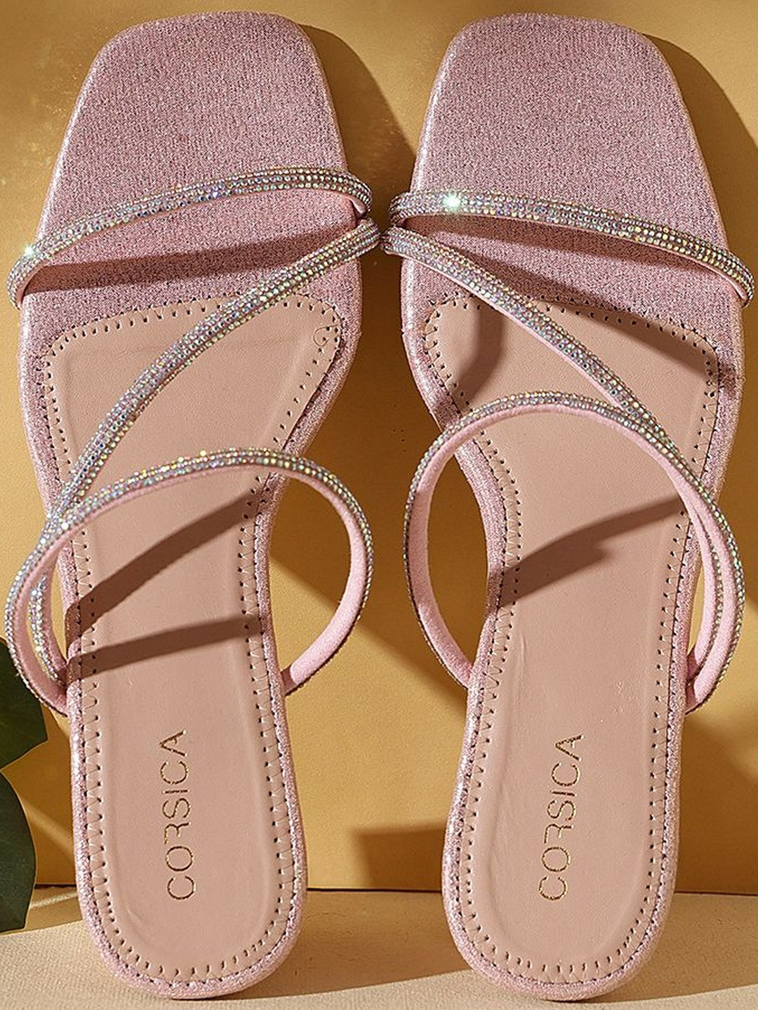 CORSICA Women Pink & Rose Gold-Toned Square Toe Embellished Synthetic Block Heels