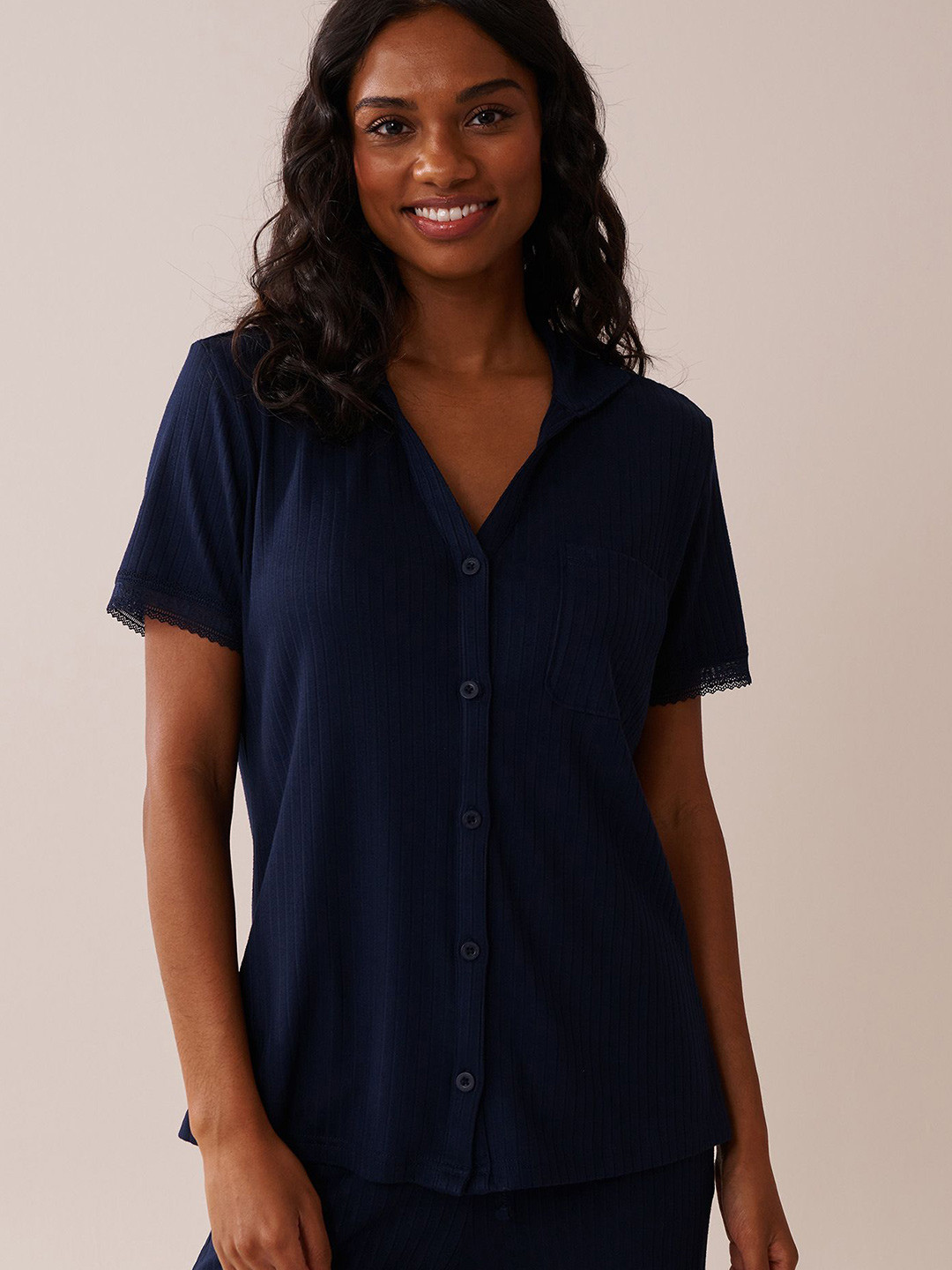 La Vie en Rose Women Lace Trim Ribbed Jersey Button-Down Shirt