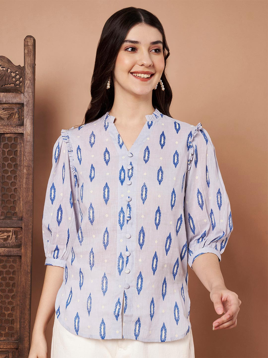 BHAVYA ATTIRE Printed Mandarin Collar Puff Sleeve Longline Top