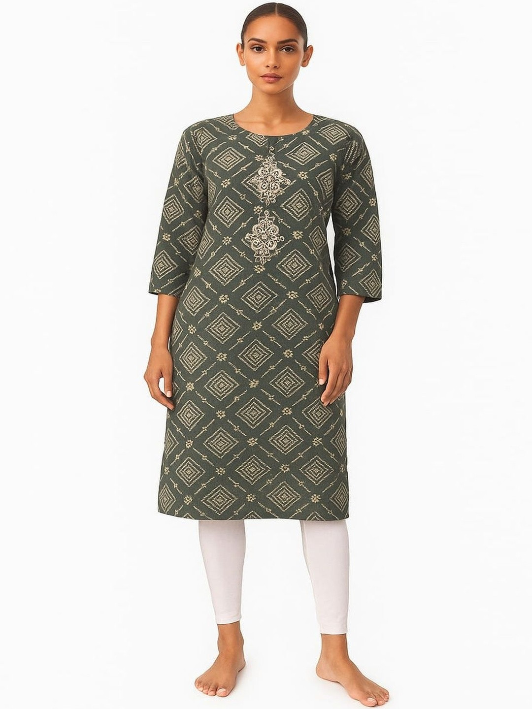 Silakaari Women Green Viscose Rayon Embellished Straight Kurtis