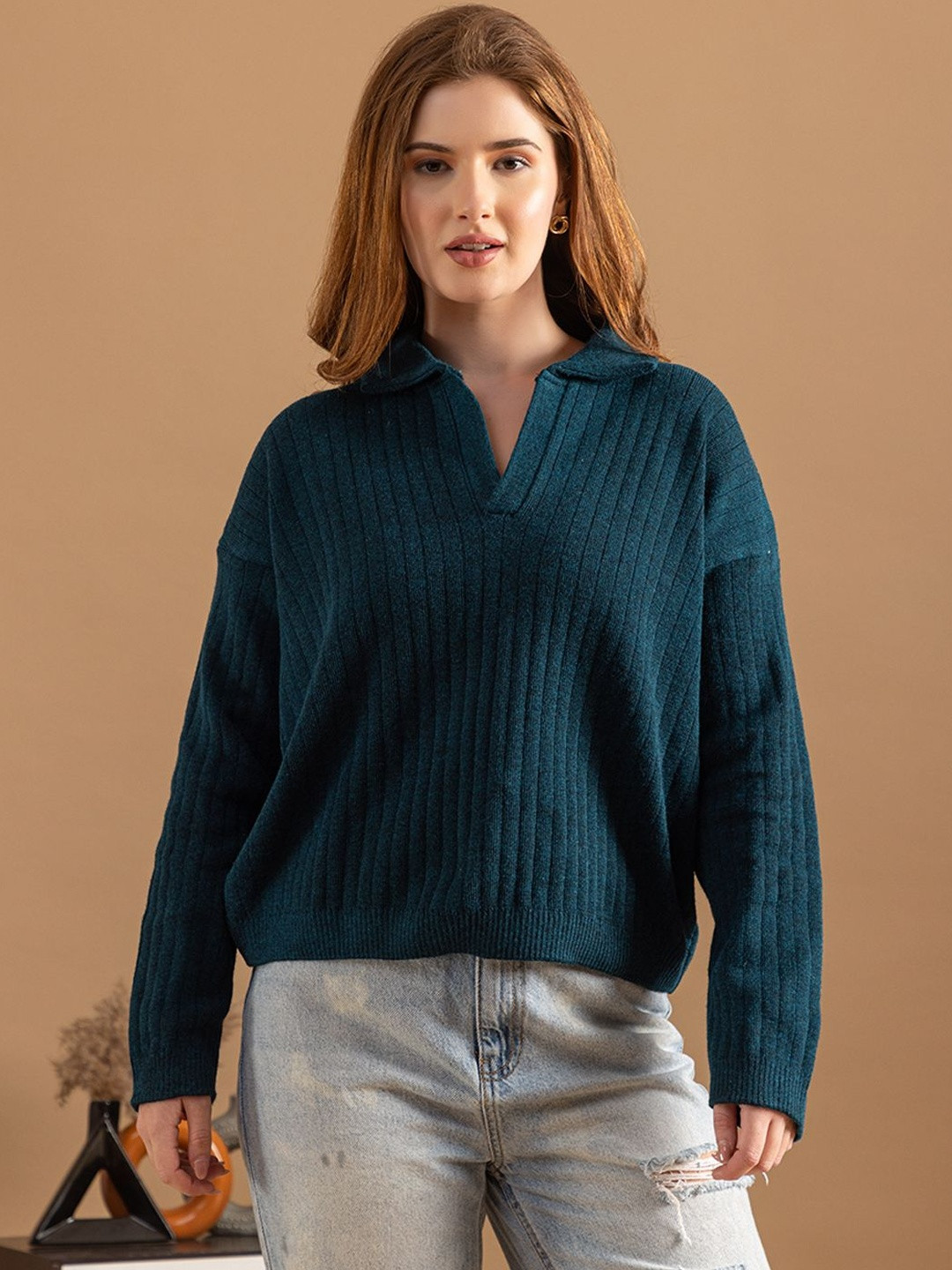 Roadster Women Teal Ribbed Knit Shirt Collar Solid Pullover Sweater