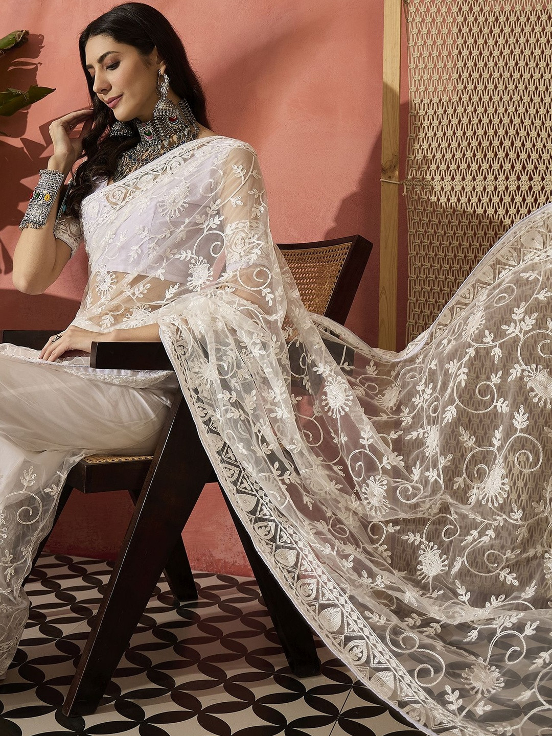 Desi Fusion Ethnic Motifs Chikankari Embroidered Net Saree