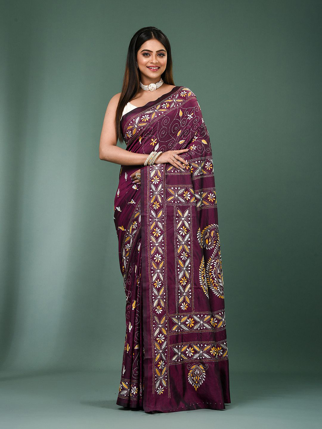 PUKU Floral Kantha Work Heavy Work Saree