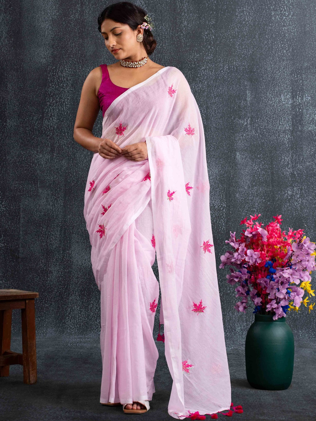 Magga Thread Leaf Embroidered Pure Cotton Saree