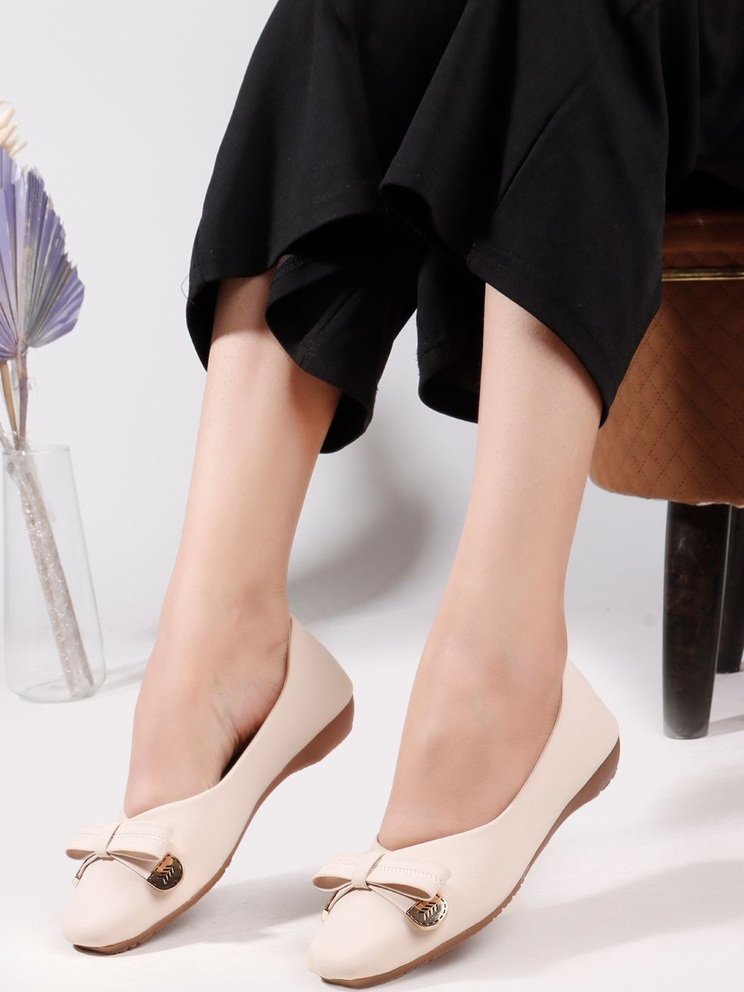 DressBerry Women Cream-Colored Bow Embellished Square Toe Synthetic Wedge Pumps