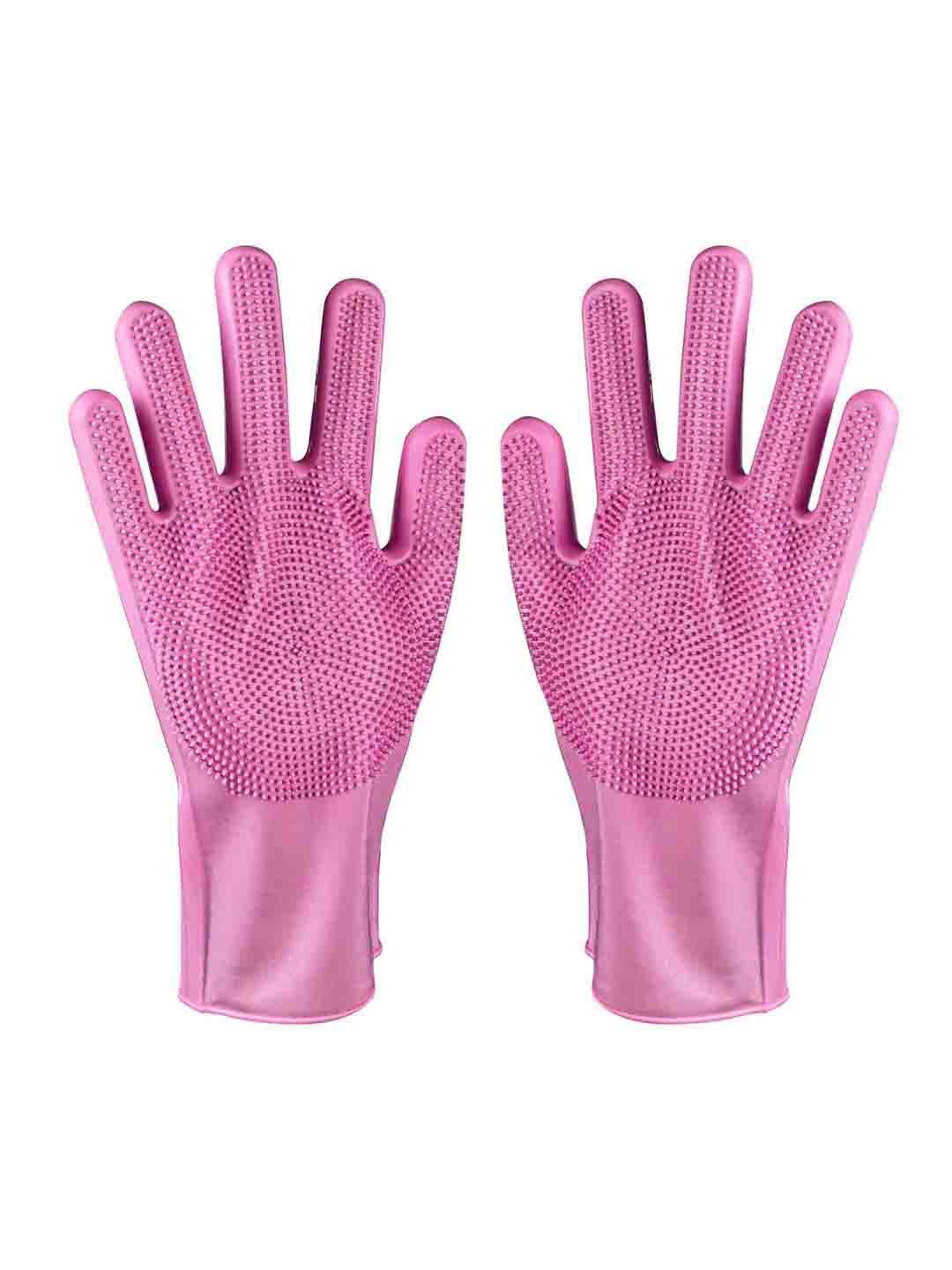 Kuber Industries Pink 2 Pieces Textured Silicone Heat Resistant Dishwashing Gloves