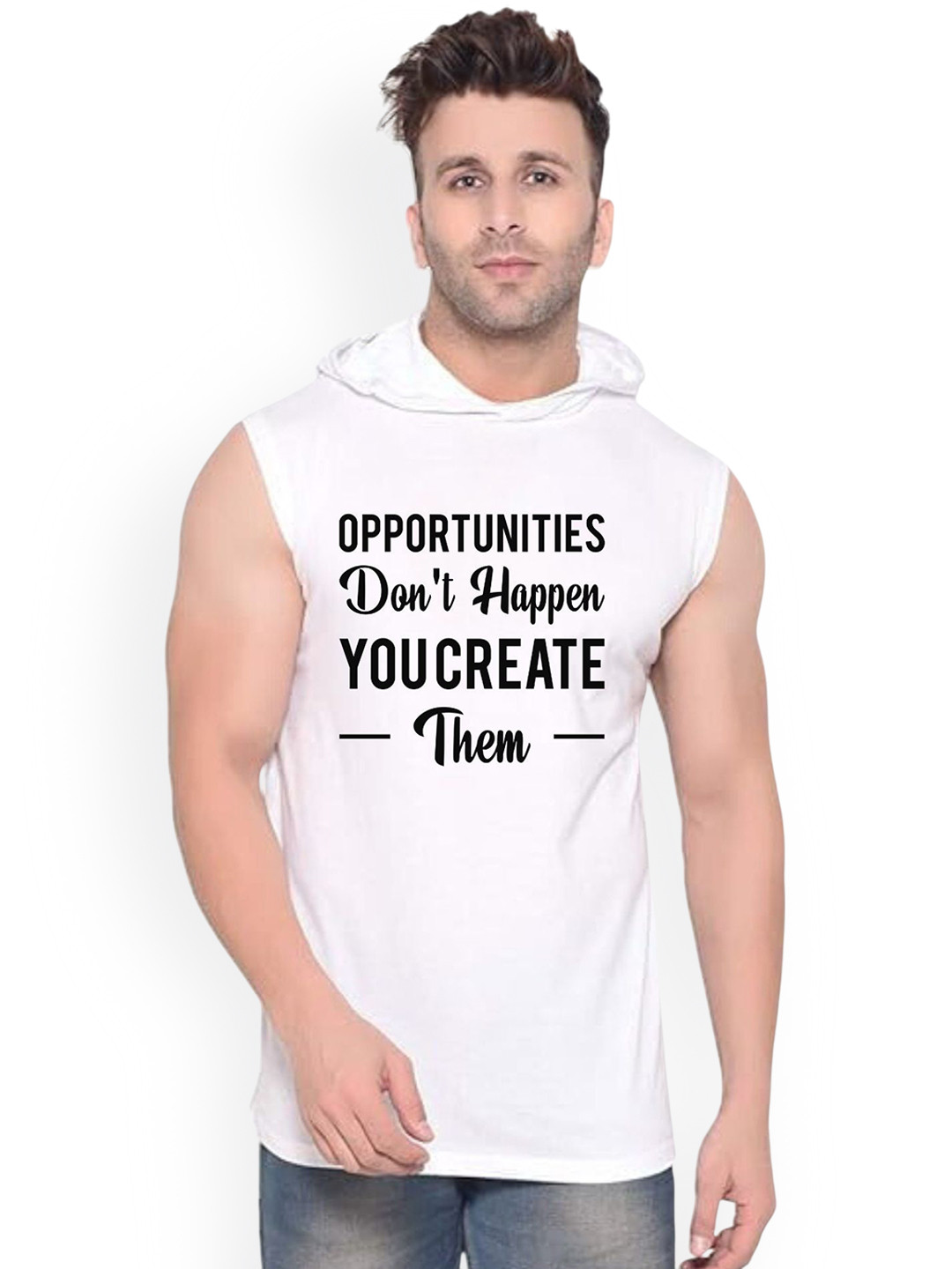 Fashnobic Men White Opportunities Printed Cotton Sleeveless Hooded Gym Innerwear Vests