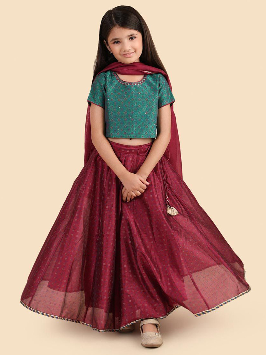 Fabindia Girls Block Printed Beads and Stones Ready to Wear Lehenga & Blouse With Dupatta