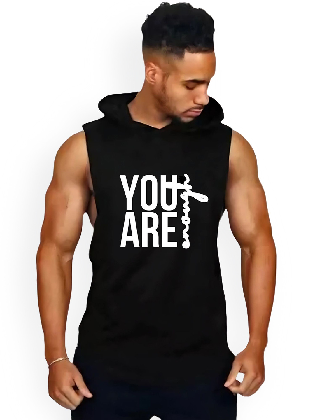 Fashnobic Men Youu Are Enogh Printed Hooded-Neck Gym Vests