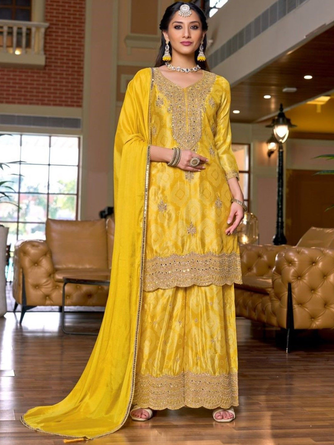 AUTUMN LANE Women Pailan Amber Full Work Embroidered Regular Kurta Sharara & Dupatta