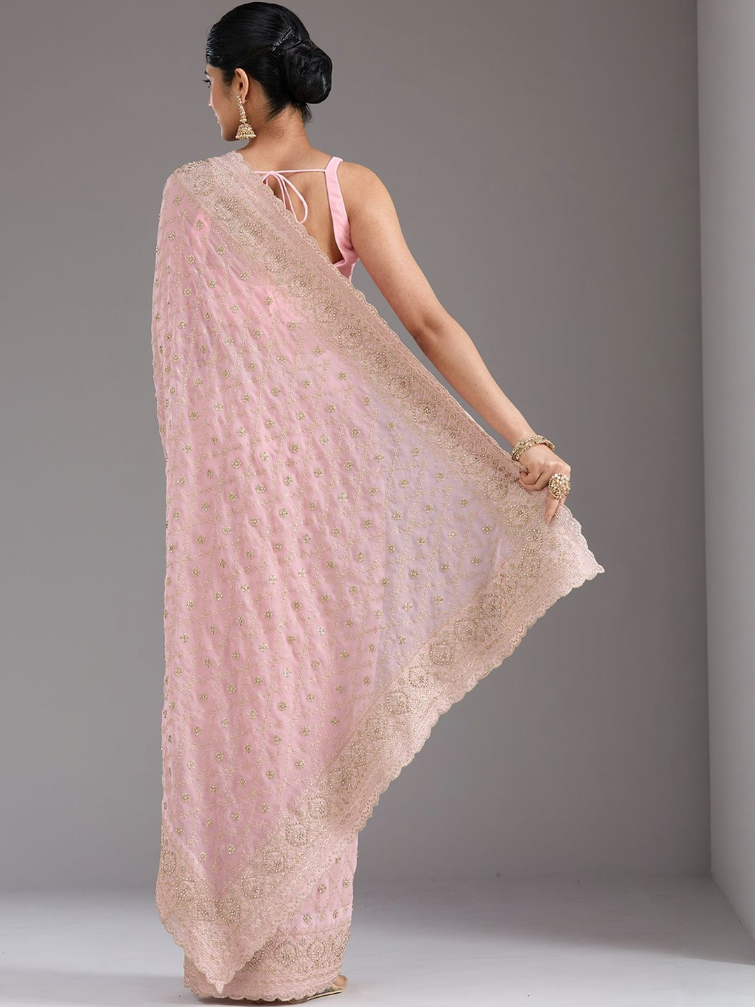 Koskii Baby Pink Zari Work Gold Georgette Saree