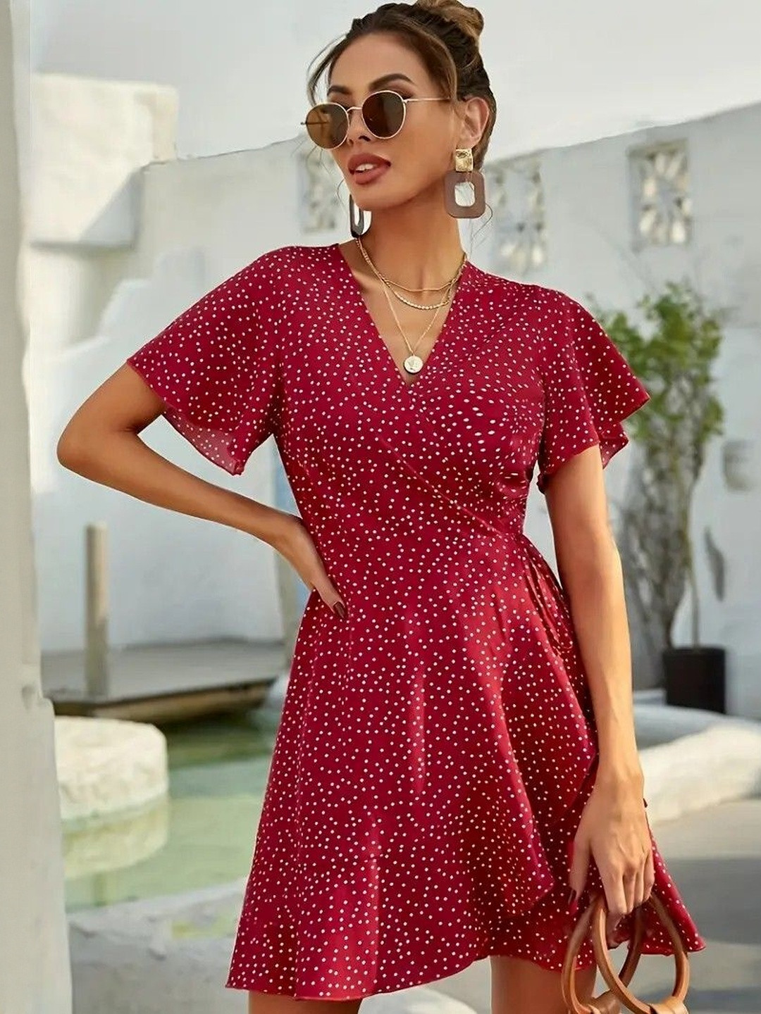 LERIYA FASHION Polka Dot Printed V-Neck Flared Wrap Dress