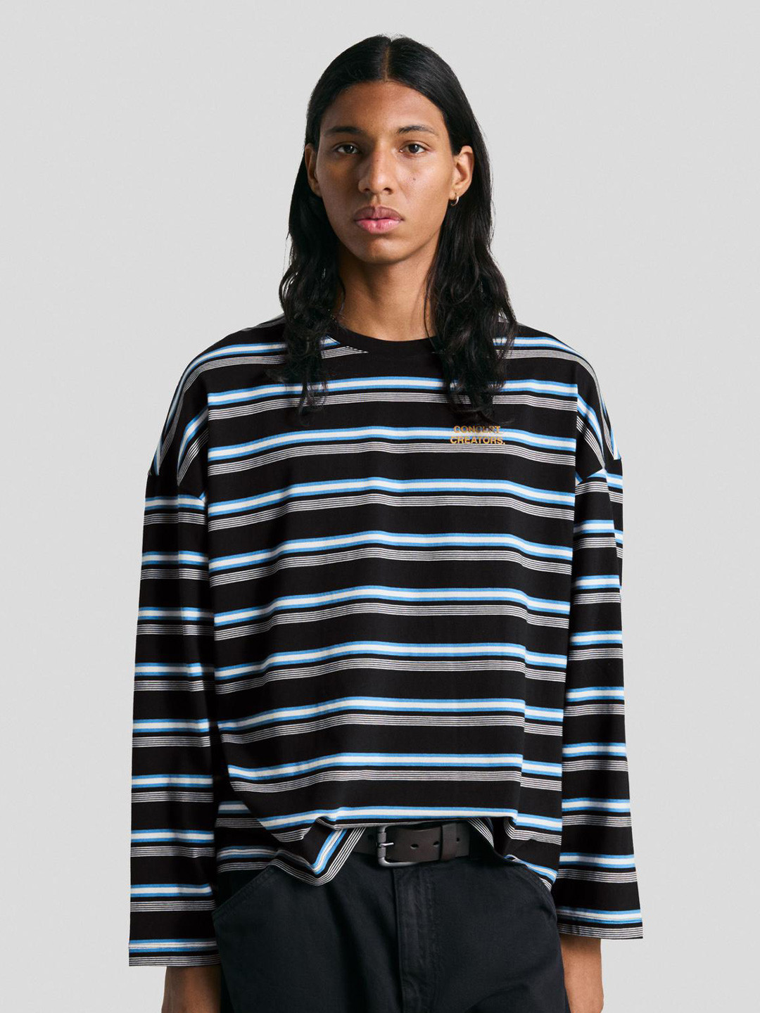 Bershka Striped Round Neck Long Sleeves Oversized Cotton T-Shirt