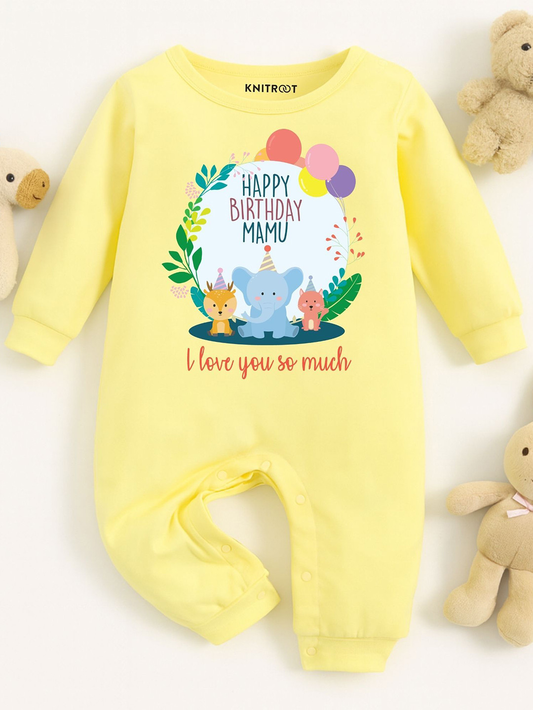 KNITROOT Kids Happy Birthday Mamu I Love You So Much Printed Cotton Round Neck Rompers