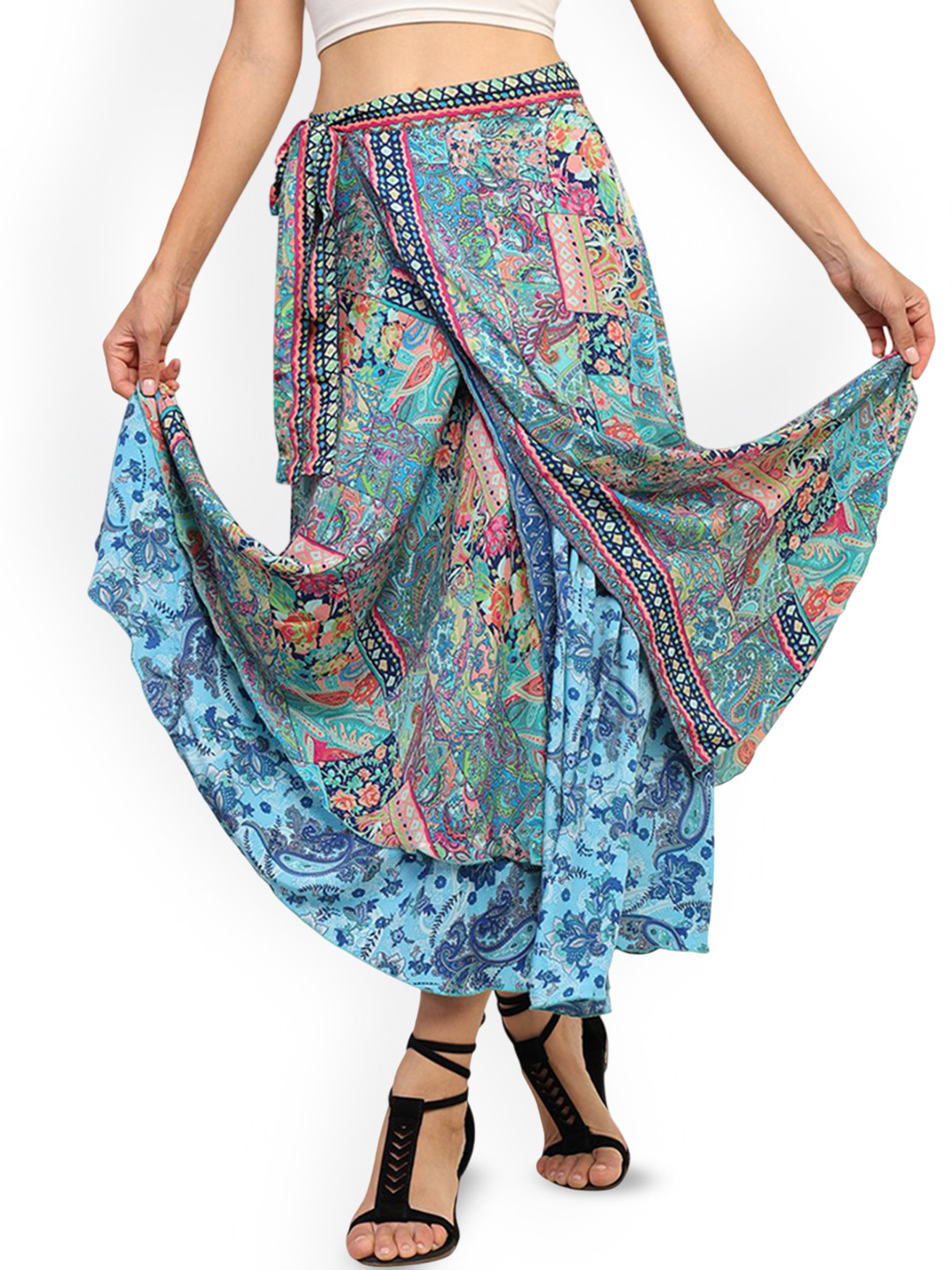 GALE GIRLS Blue Floral Paisley Maxi Wrap Skirt