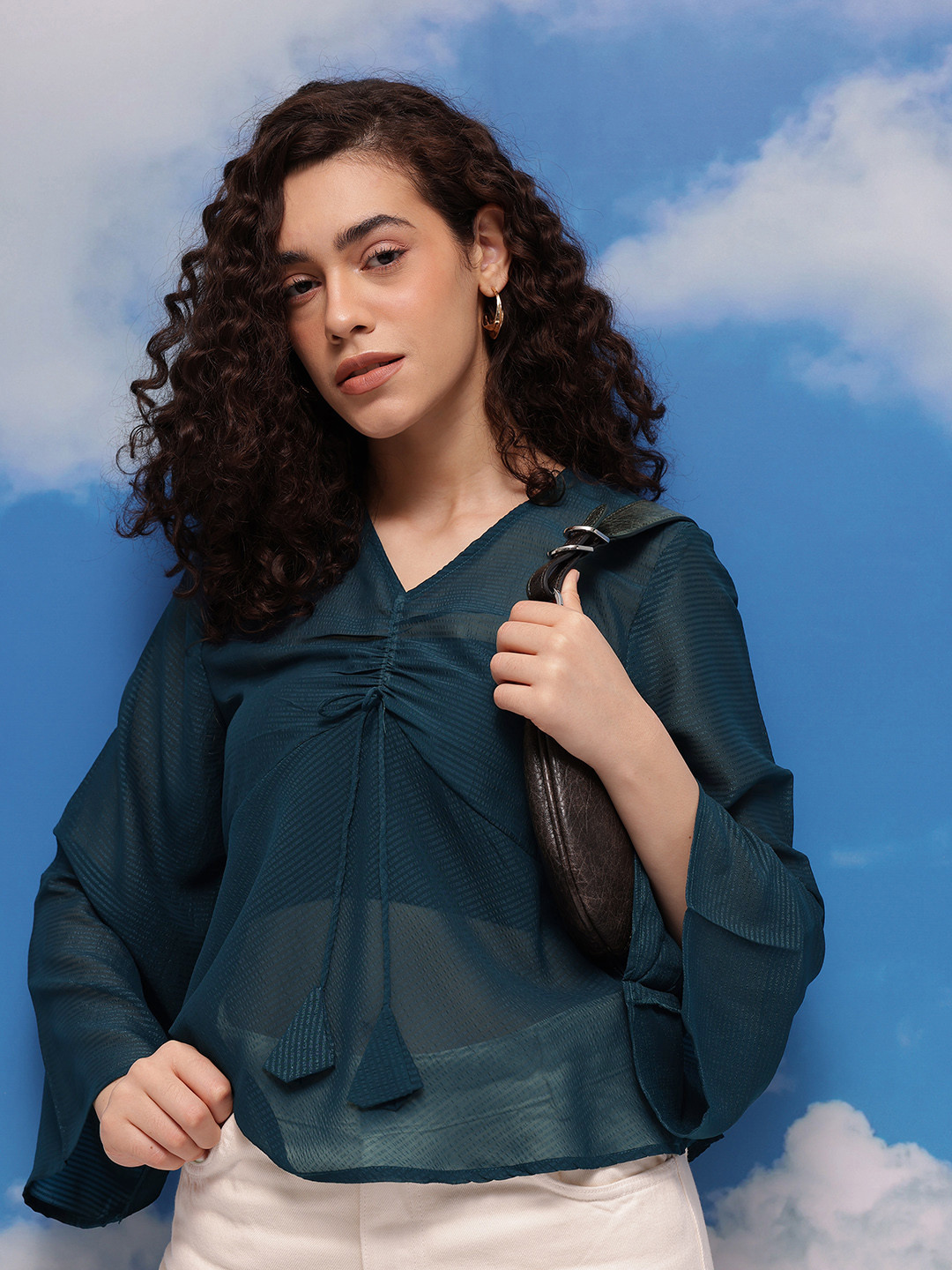 CORSICA Ruched Tie-Up Detail Flared Sleeve Top