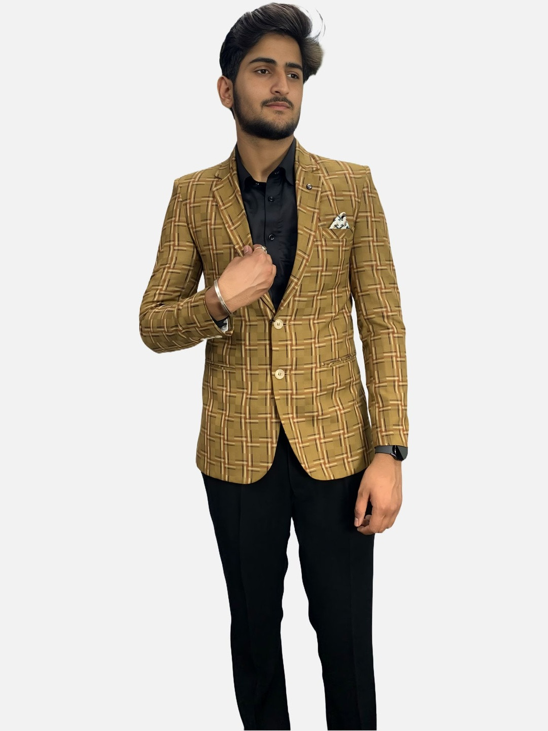GARGIAN Master Cut Men Brown Checked Single-Breasted Blazer