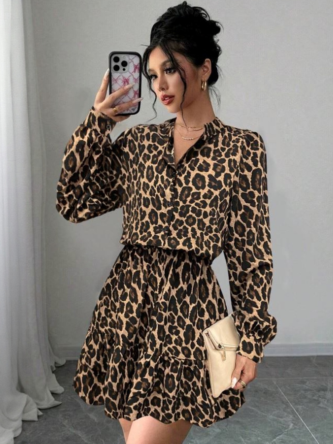 LERIYA FASHION Animal Print Shirt Mini Dress