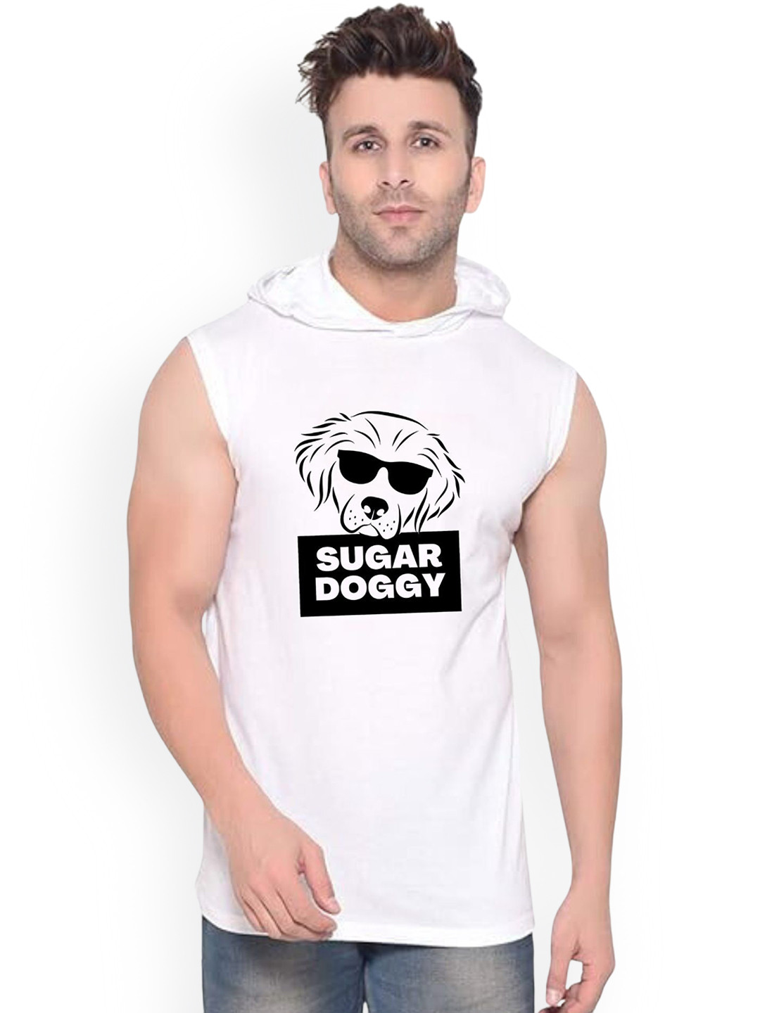 Fashnobic Men Sugar Doggy Printed Hooded-Neck Gym Vests