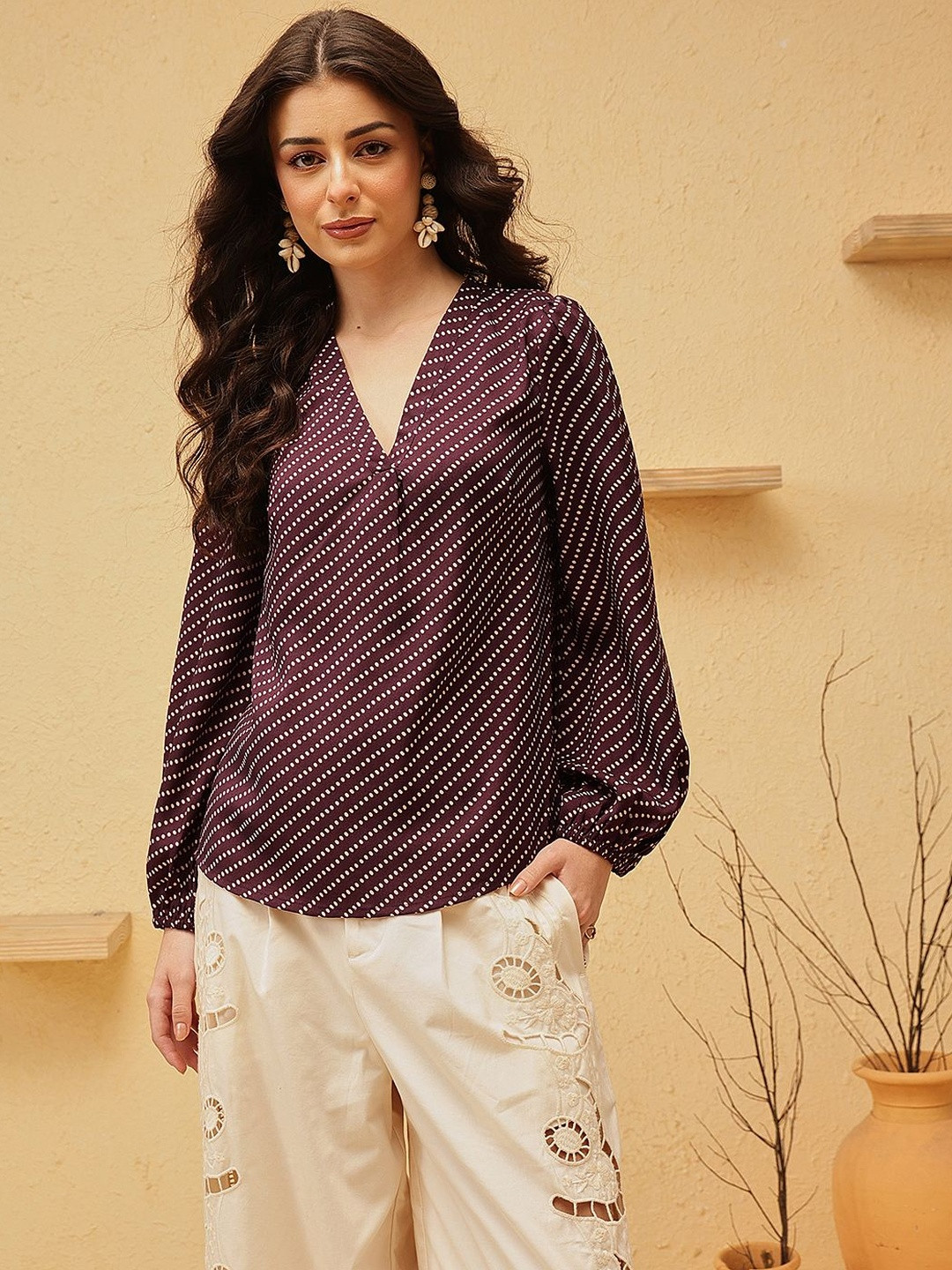 QUIERO Women Polka Dot Print Bishop Sleeves Bohemian Top