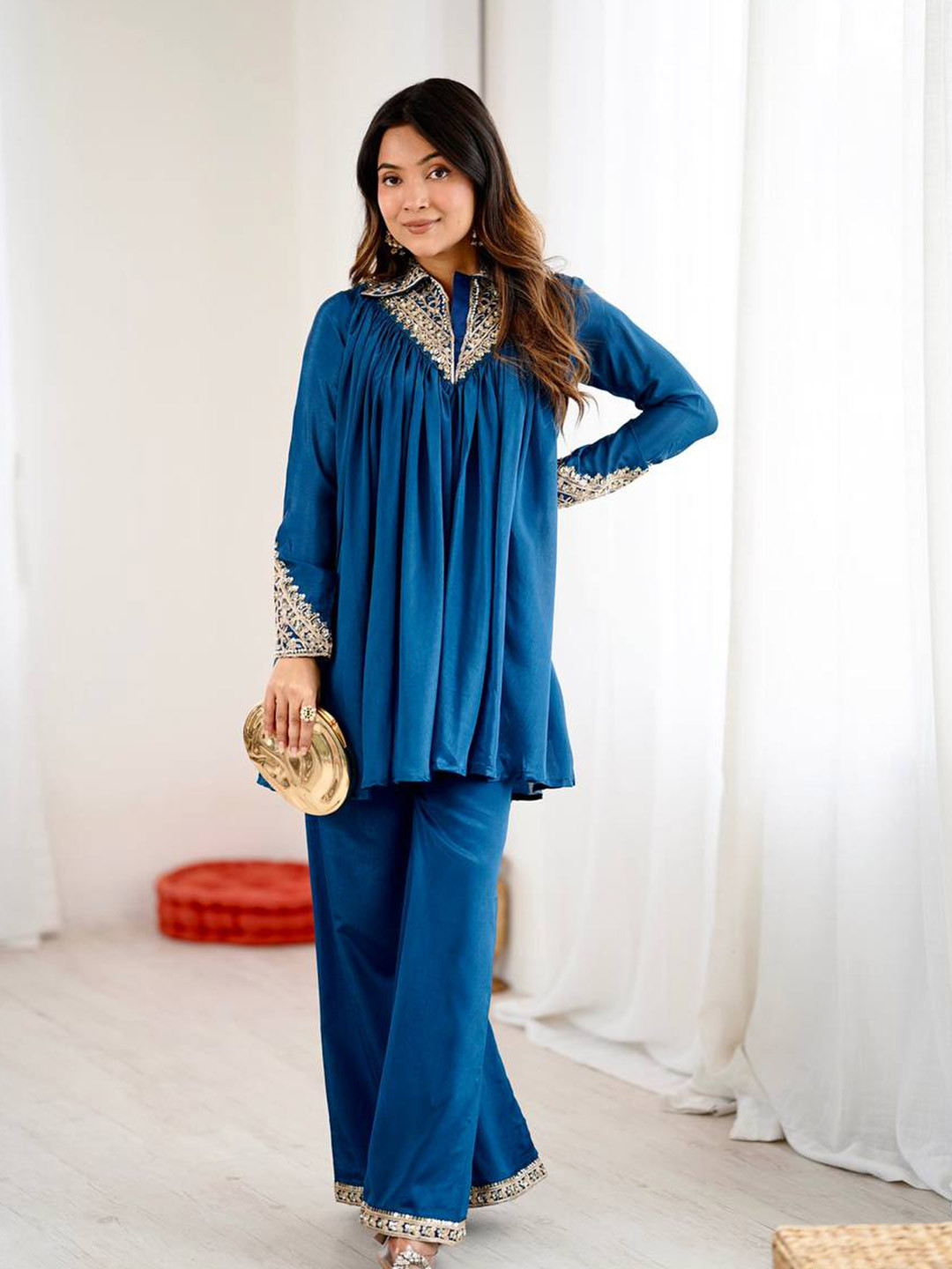 ANSH CREATION Ethnic Motifs Embroidered Tiered Mandarin Collar Zari Kurta With Palazzos